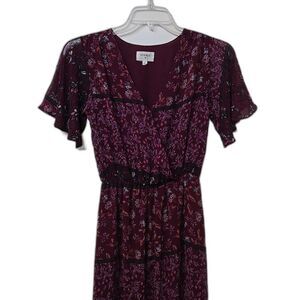 Everly Floral Maxi Dress Wine Red Flutter Sleeve Women's Size SMALL BOHO